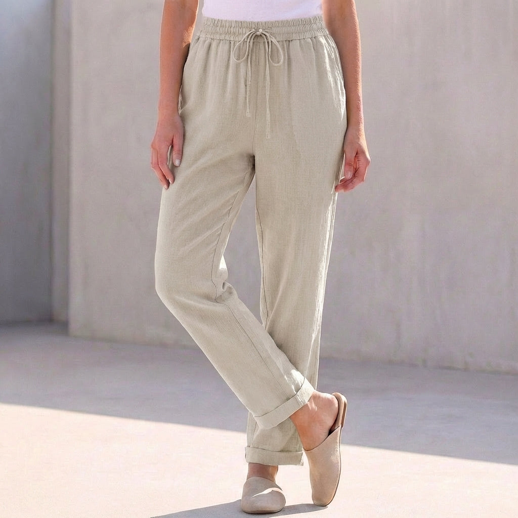 Relaxed Fit Cotton Linen Ankle-Length Pants with Drawstring Waist