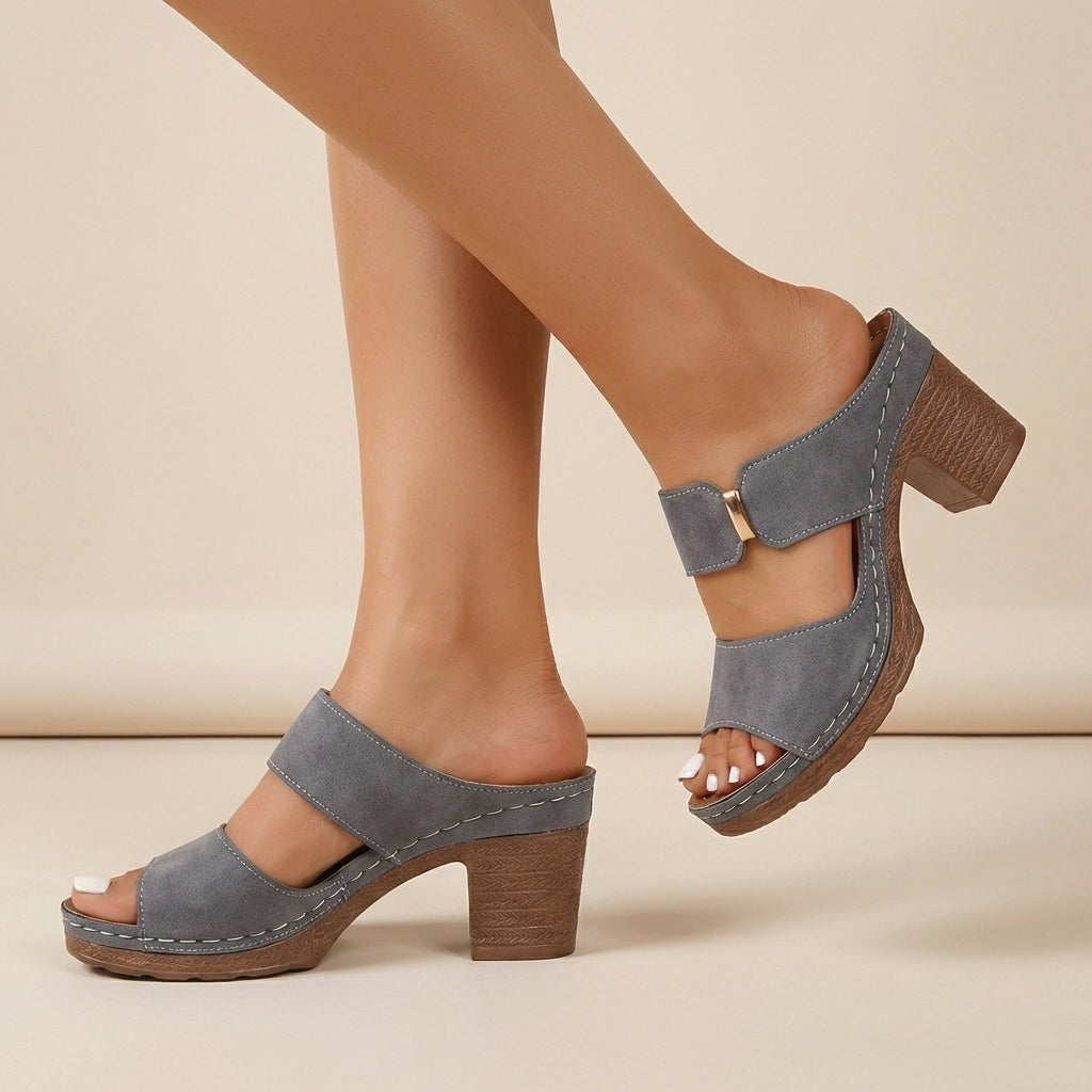 Quilted Two-Strap Block Heel Slide Sandals with Metallic Accent