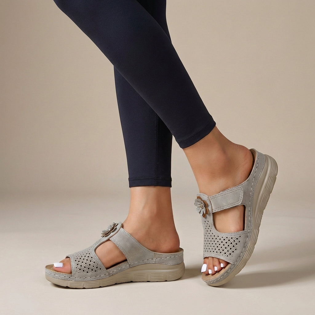 Orthopedic Wedge Slide Sandals with Floral Embellishment and Cushioned Support