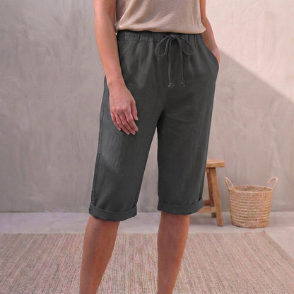 Linen Relaxed-Fit Capri Pants with Drawstring Waist and Cuffed Hem