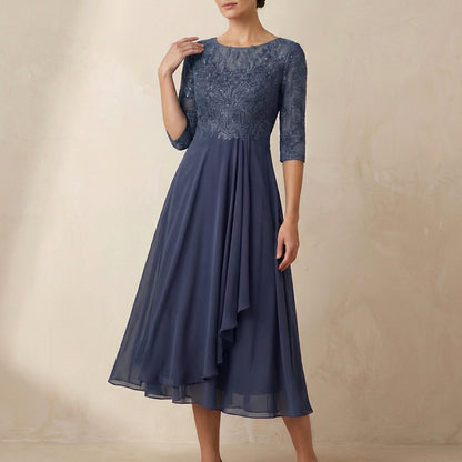 Embroidered A-Line Midi Dress with Sheer Sleeves and Pockets