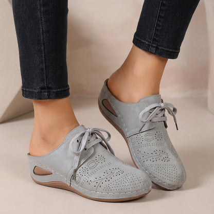 Lace-up Wedge Mules with Perforated Detail and Contrast Stitching
