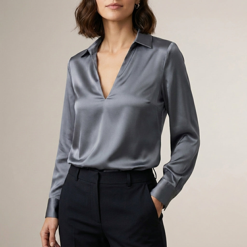 Tailored V-Neck Blouse with Spread Collar and Lustrous Finish