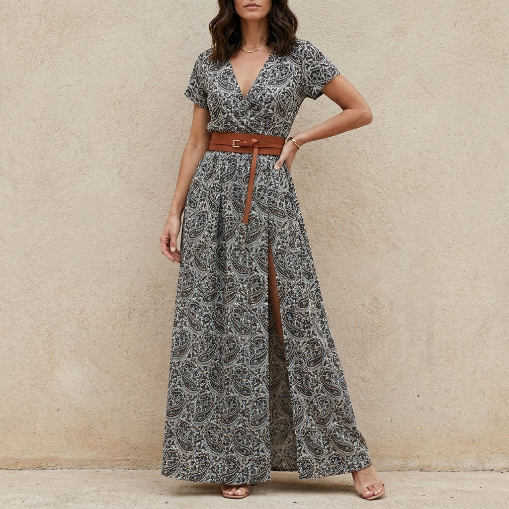 Bohemian Printed Maxi Dress with Belted Waist Detail