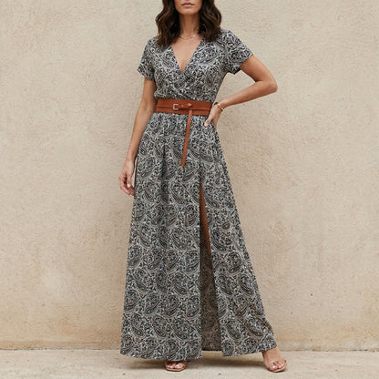 Bohemian Printed Maxi Dress with Belted Waist Detail