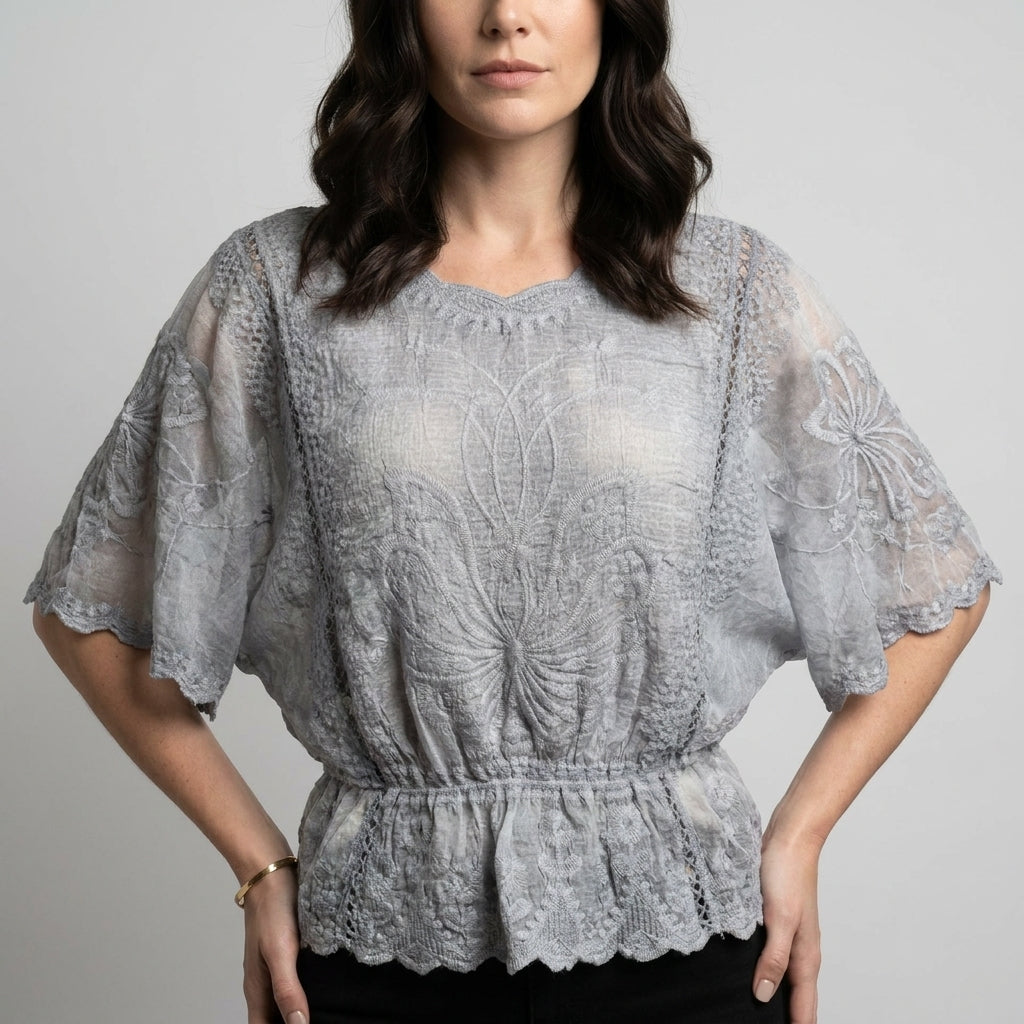 Celeste Embroidered Blouse with Sheer Bell Sleeves