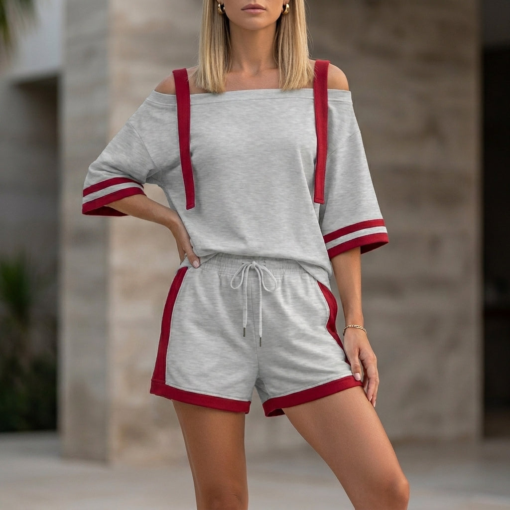 Sporty Contrast Trim Two-Piece Set with Relaxed Off-Shoulder Top