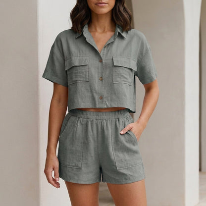 Button Front Pocket Shirt and Shorts Lounge Set