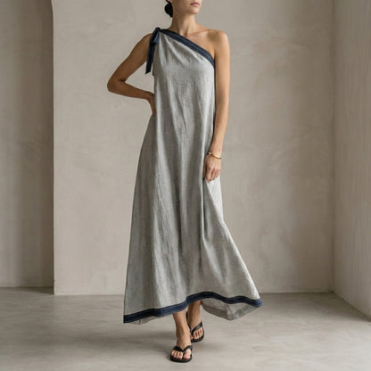 Effortless One-Shoulder Tie Detail Maxi Dress with Contrasting Trim