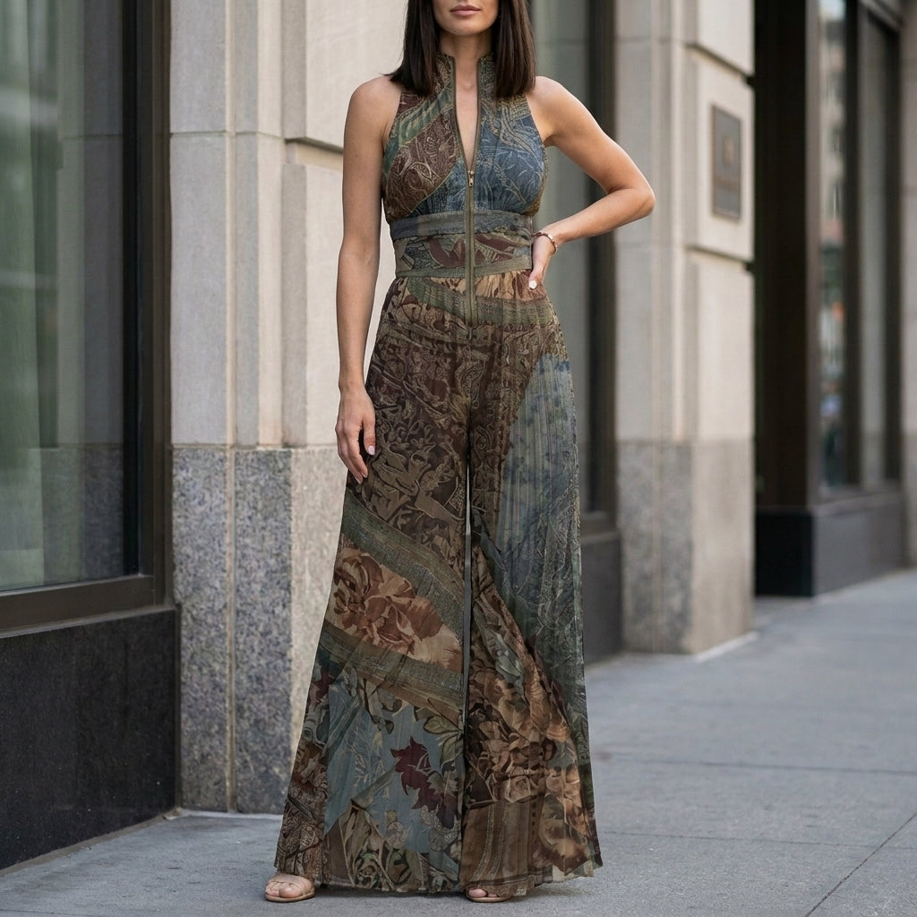 Pleated Halter Wide-Leg Jumpsuit for Effortless Evening Elegance
