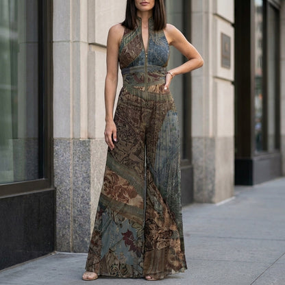 Pleated Halter Wide-Leg Jumpsuit for Effortless Evening Elegance