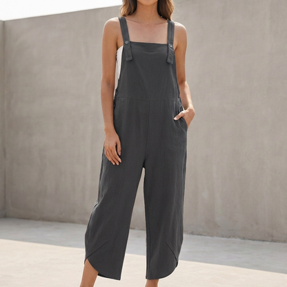 Oversized Wide-Leg Suspender Jumpsuit with Square Neckline and Pockets