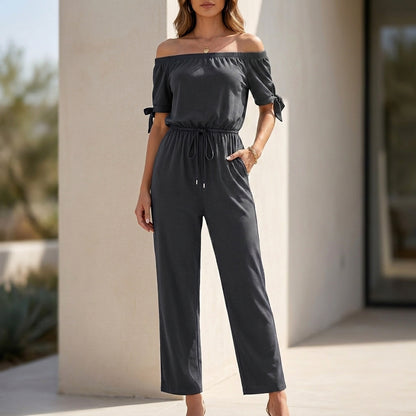 Elegant Off-Shoulder Jumpsuit with Adjustable Waist and Bow-Tie Sleeves