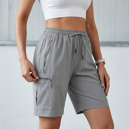 High-Waisted Structured Cargo Shorts with Adjustable Drawstring Waist and Zip Pockets