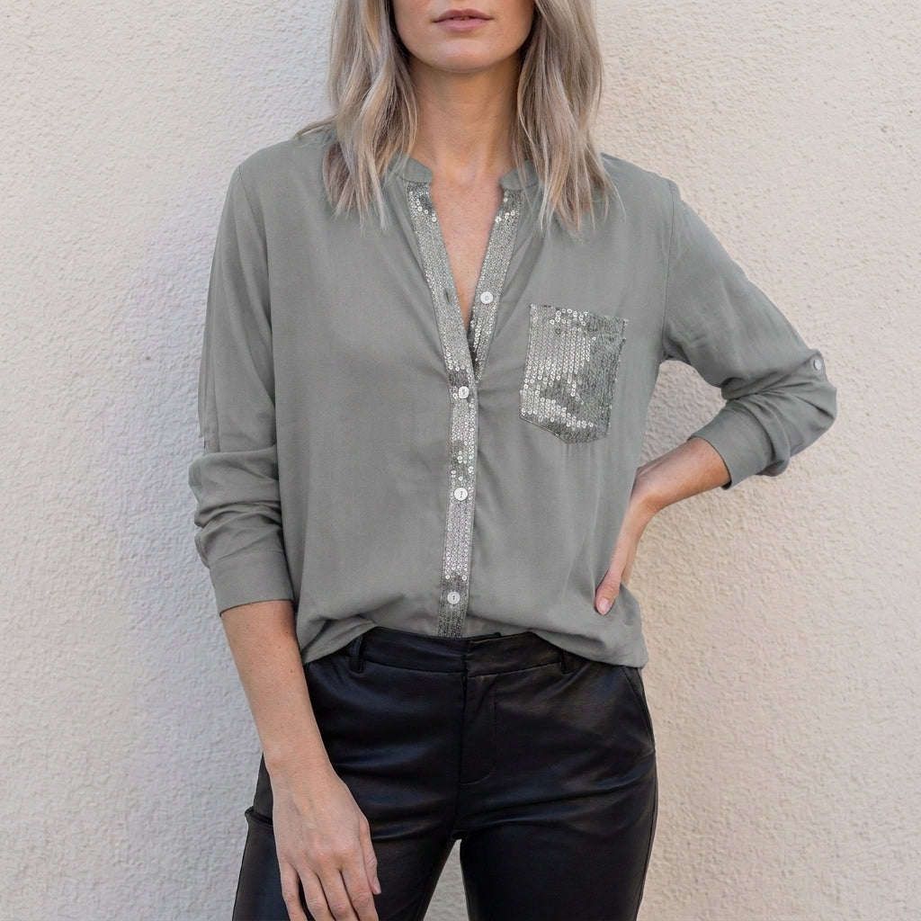 Relaxed Button-Front Statement Pocket Blouse