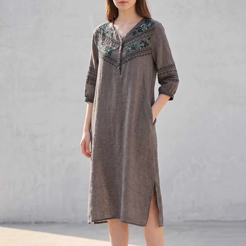 Embroidered Ethnic-Inspired Midi Dress with Split V-Neck