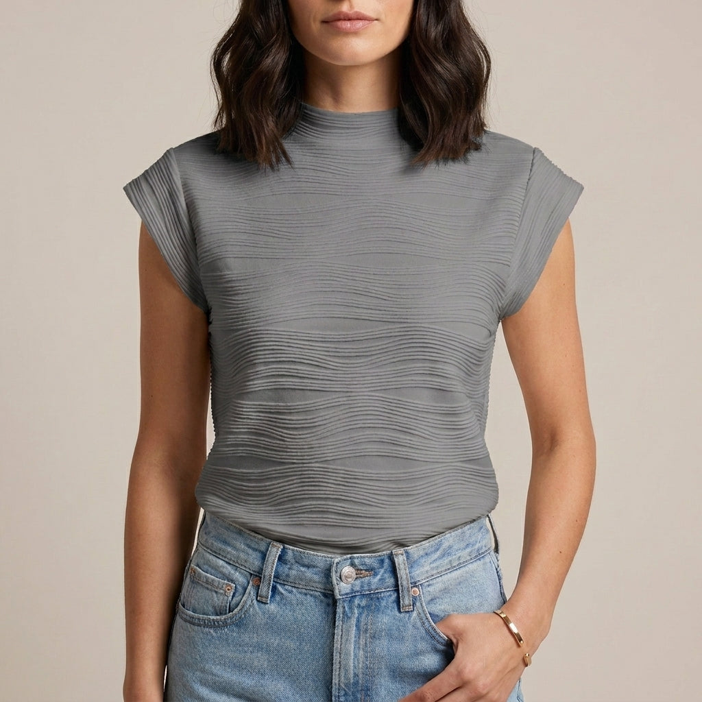 Textured Mock Neck Cap Sleeve Top with Sculpted Silhouette
