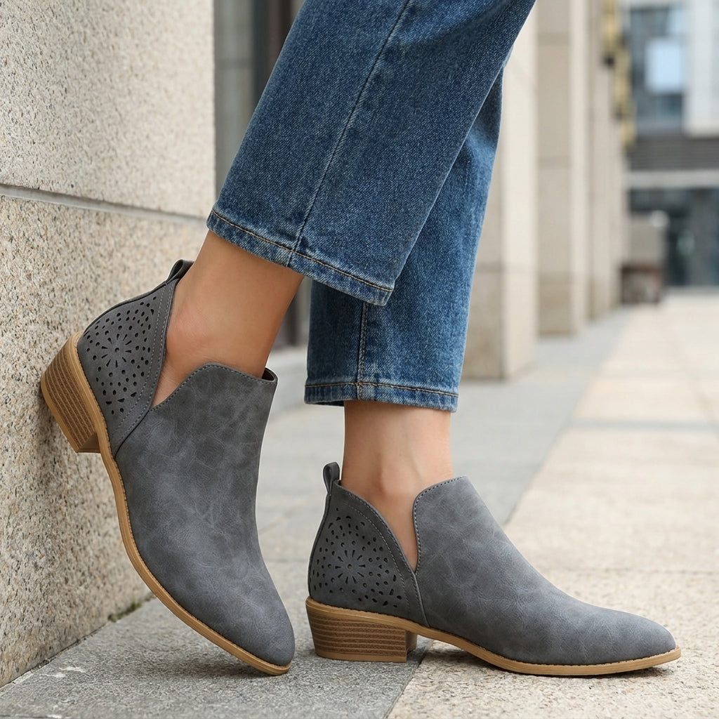 Perforated Side Panel Ankle Boots with Stacked Heel
