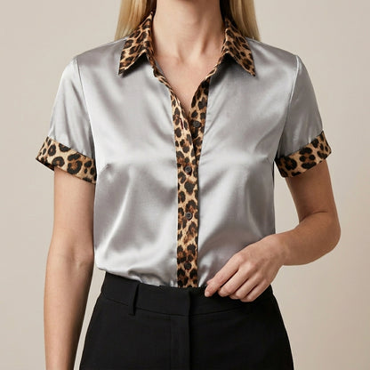 Leopard Trim Satin Button-Front Statement Blouse
