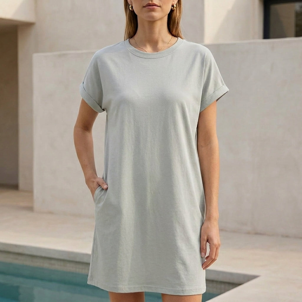 Relaxed Mini Dress with Ribbed Crew Neck and Rolled Cuffs