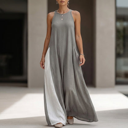Relaxed Sleeveless Maxi Dress with High Neckline and Side Pockets