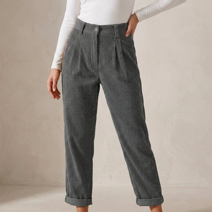 High-Waisted Ribbed Corduroy Pants with Tapered Ankle Silhouette