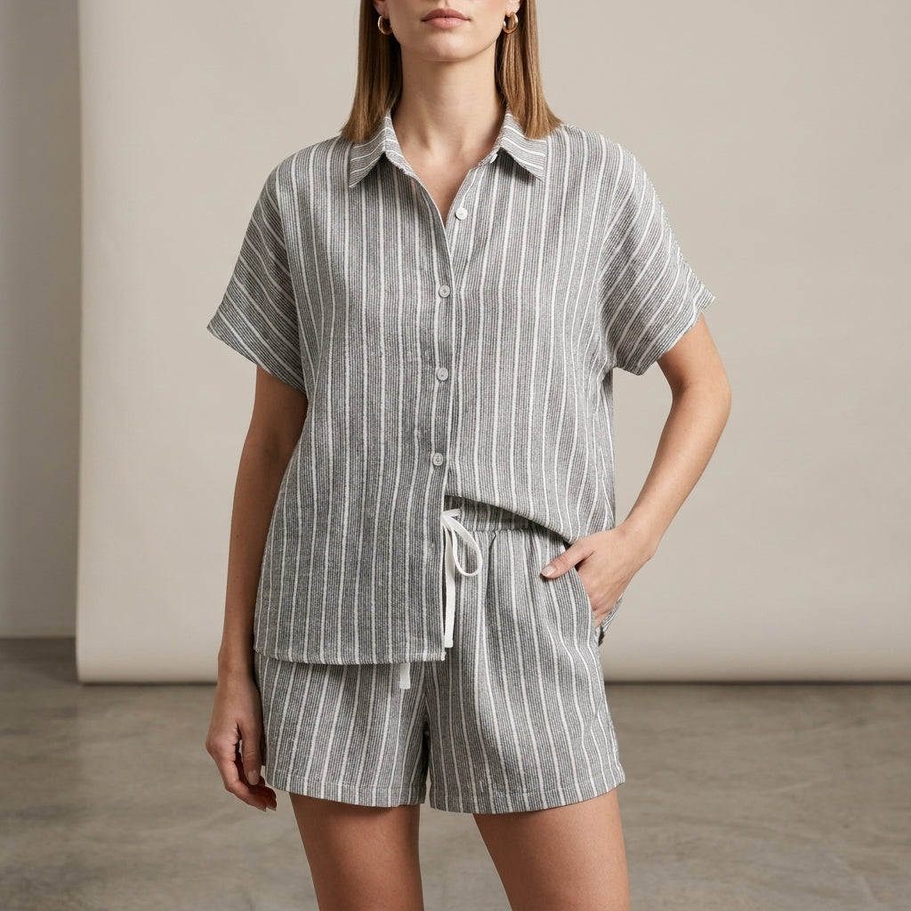 Textured Vertical Stripe Relaxed Two-Piece Shirt and Drawstring Shorts Set