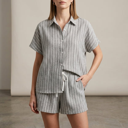 Textured Vertical Stripe Relaxed Two-Piece Shirt and Drawstring Shorts Set