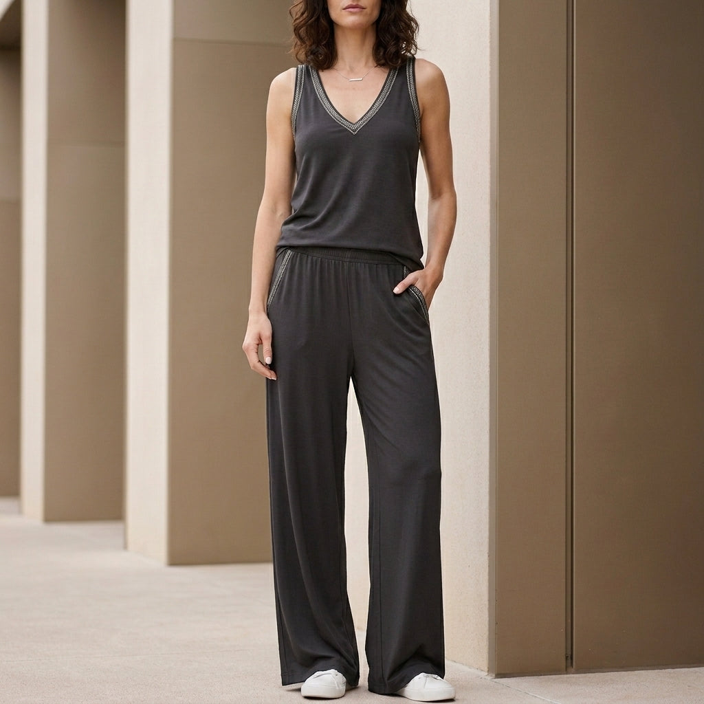 Relaxed V-Neck Sleeveless Lounge Set with Wide-Leg Pants