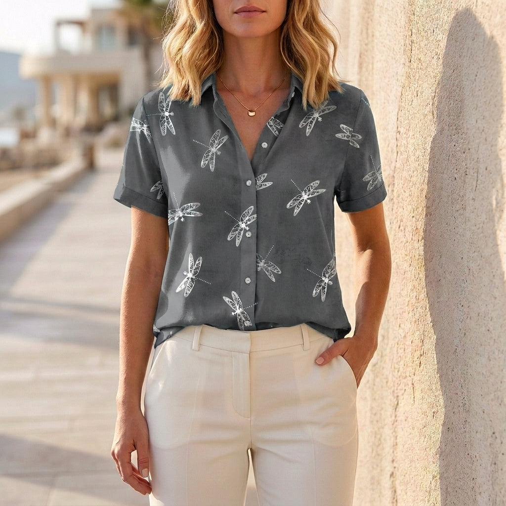Dragonfly Print Button-Front Relaxed Collar Blouse