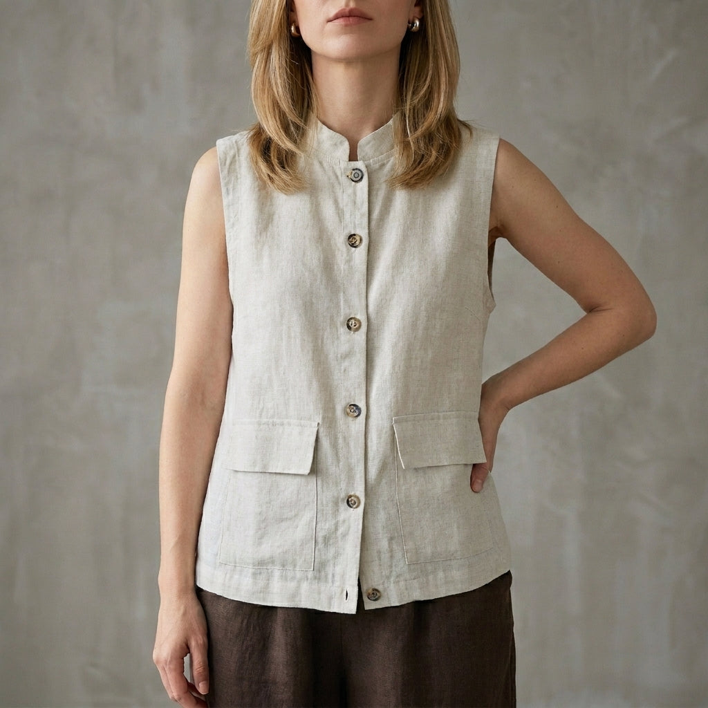 Minimalist Button-Up Sleeveless Blouse with Relaxed Fit and Front Pockets