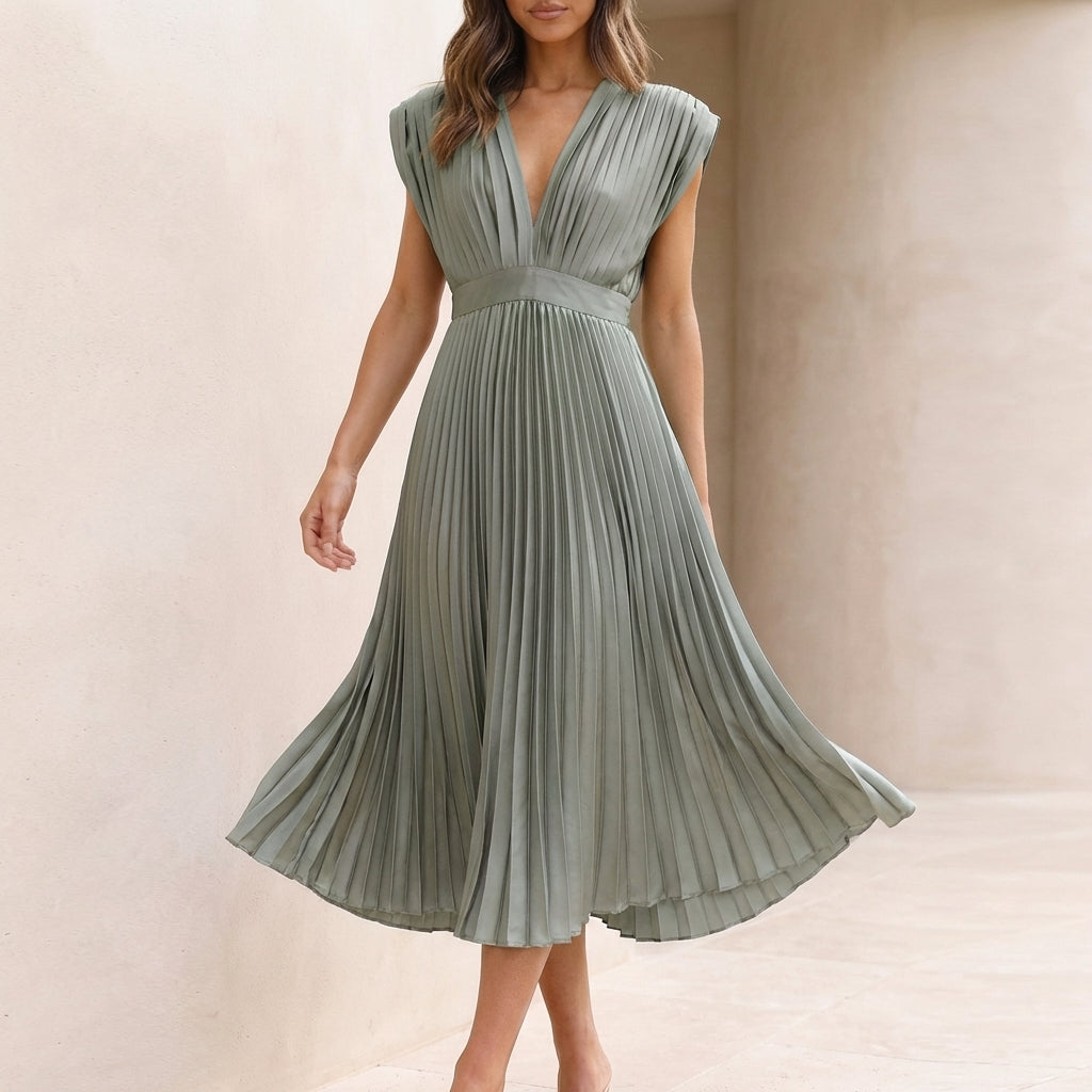 Flowing Pleated Maxi Dress with Defined Waist and V-Neck