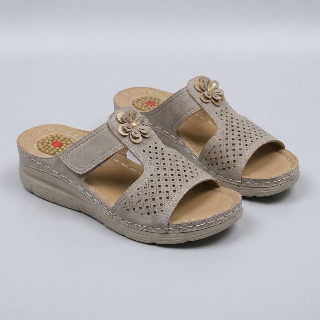 Orthopedic Wedge Slide Sandals with Floral Embellishment and Cushioned Support