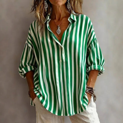 Relaxed Striped V-Neck Shirt Blouse with Rolled 3/4 Sleeves