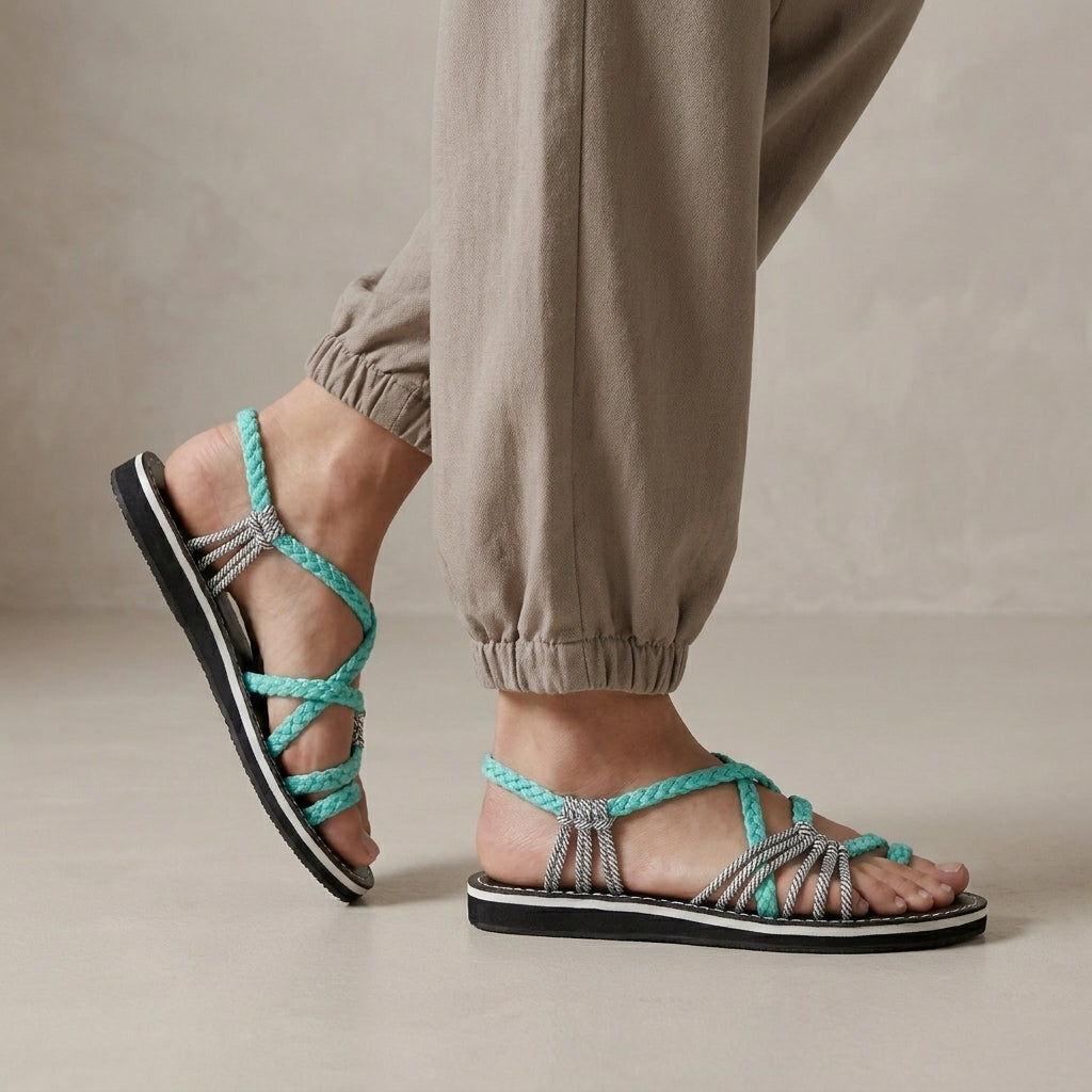 Braided Strappy Sandals with Wrapped Ankle and Contrast Stitching