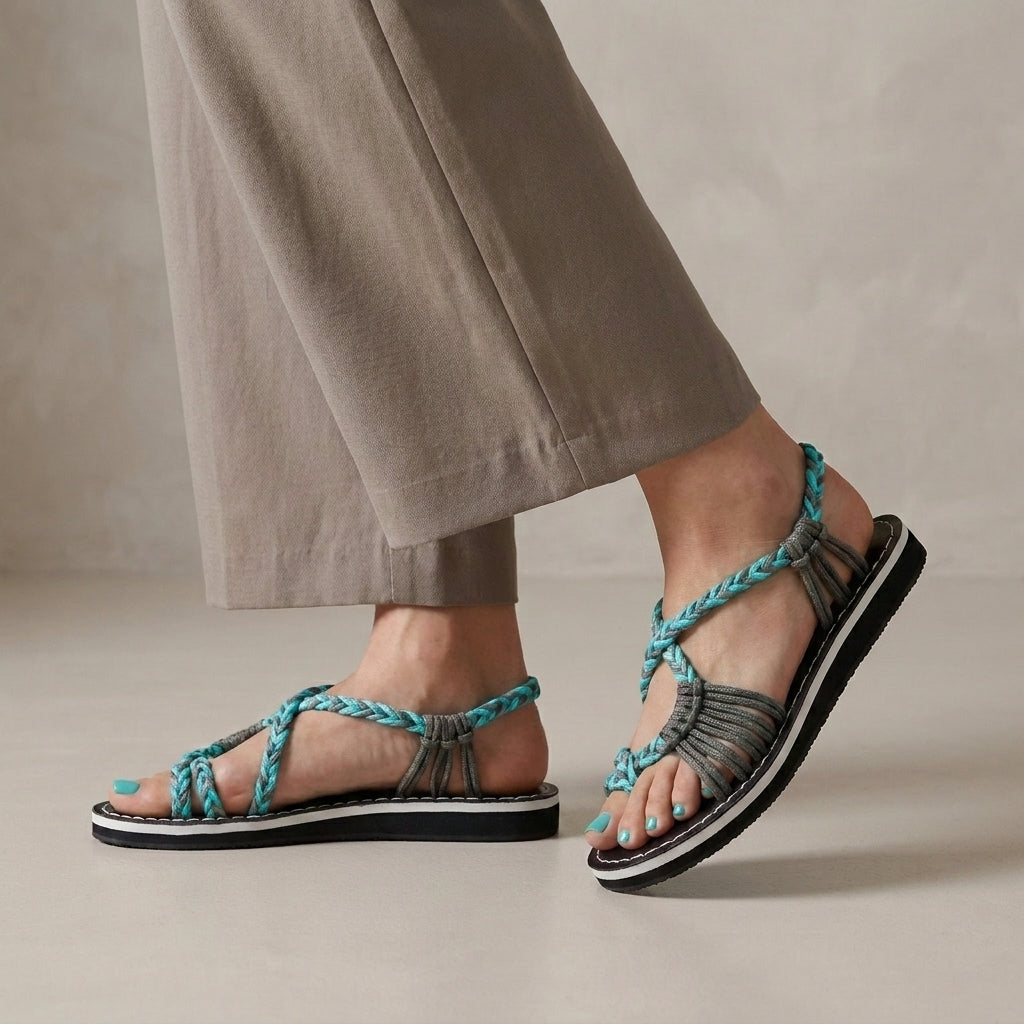 Braided Strappy Sandals with Wrapped Ankle and Contrast Stitching