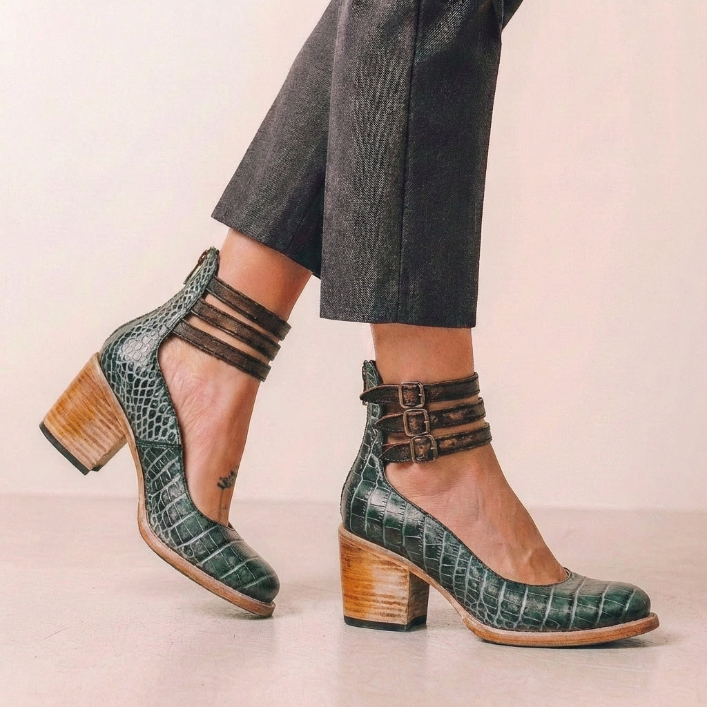 Distressed Vegan Leather Block Heel Pumps with Buckled Ankle Straps and Cut-Out Details