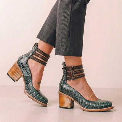 Distressed Vegan Leather Block Heel Pumps with Buckled Ankle Straps and Cut-Out Details