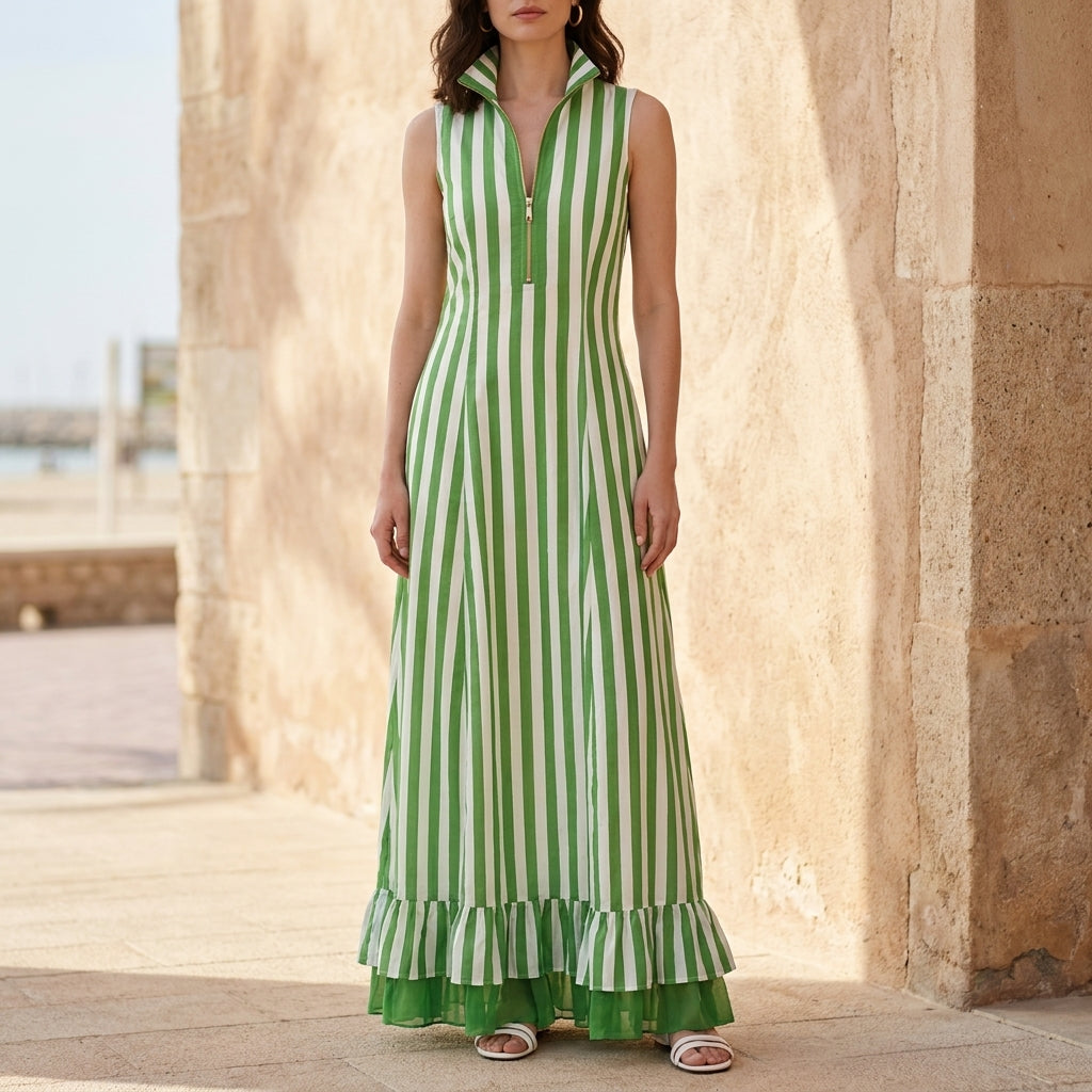 Resort Stripe Sleeveless Maxi Dress with Ruffle Hem