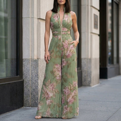 Pleated Halter Wide-Leg Jumpsuit for Effortless Evening Elegance