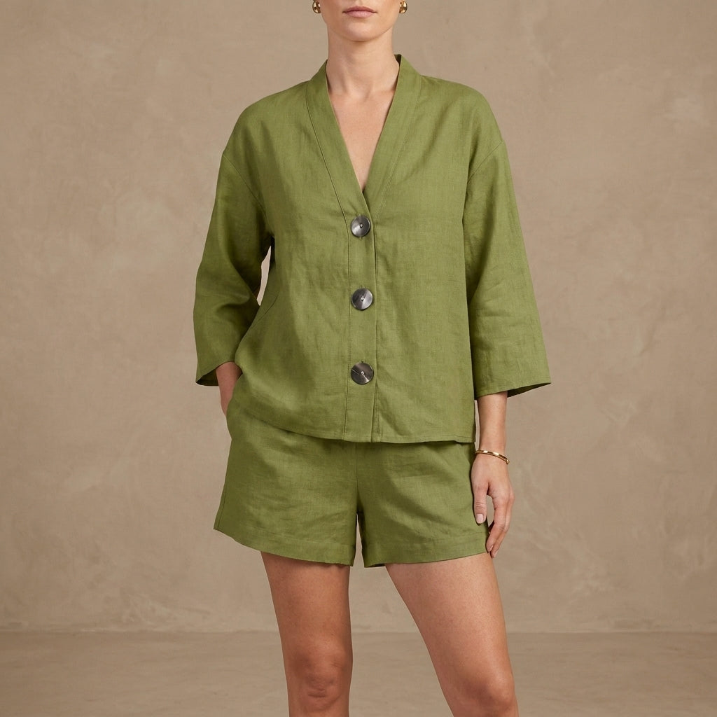 Oversized Button Detail Lounge Set with Relaxed Shorts