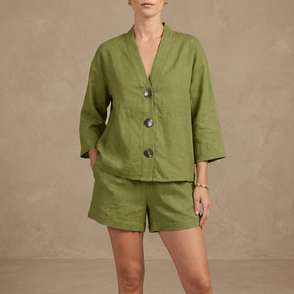 Oversized Button Detail Lounge Set with Relaxed Shorts