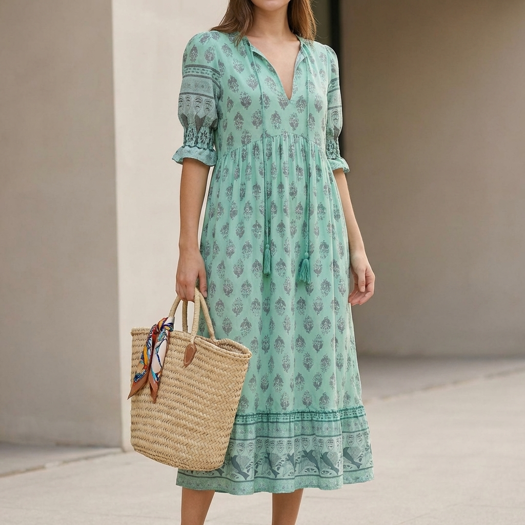 Bohemian V-Neck Maxi Dress with Lantern Sleeves and Tiered Skirt