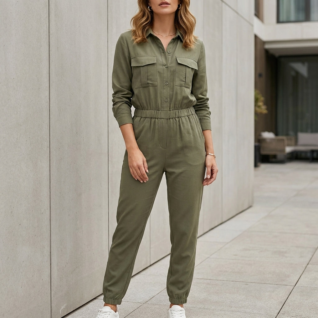 Utility Chic Button-Front Jumpsuit with Drawstring Waist
