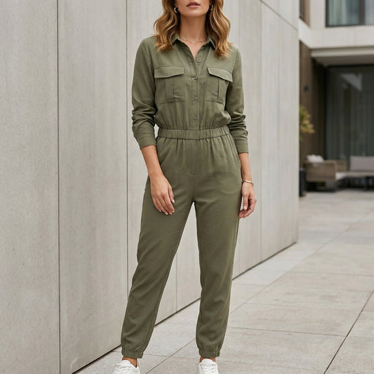 Utility Chic Button-Front Jumpsuit with Drawstring Waist