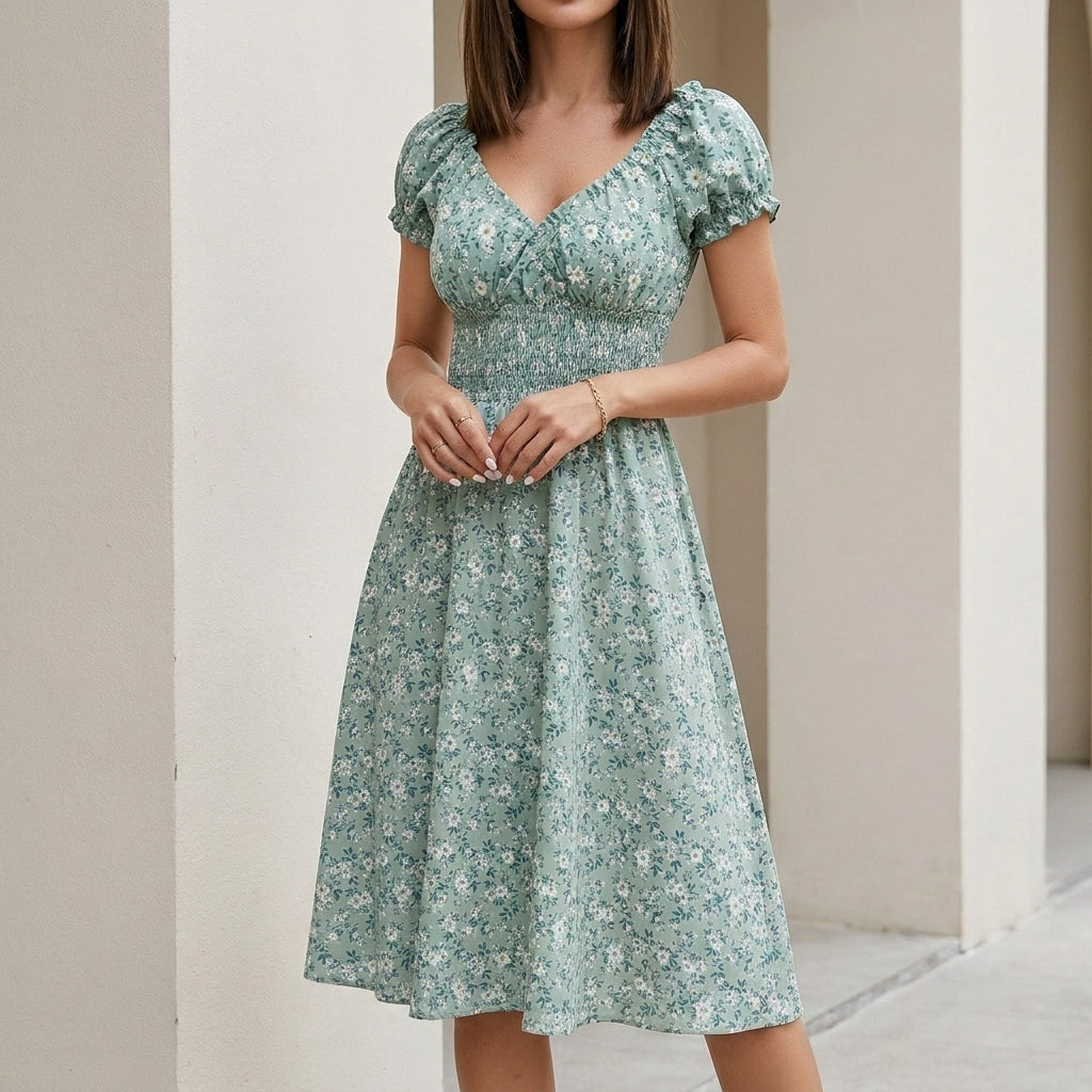 Vintage Floral Sweetheart Midi Dress with Smocked Waist Detail