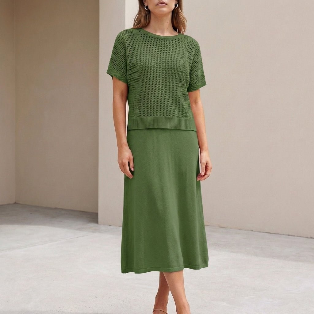 Flowing Midi Dress and Cropped Open-Knit Mesh Top Set