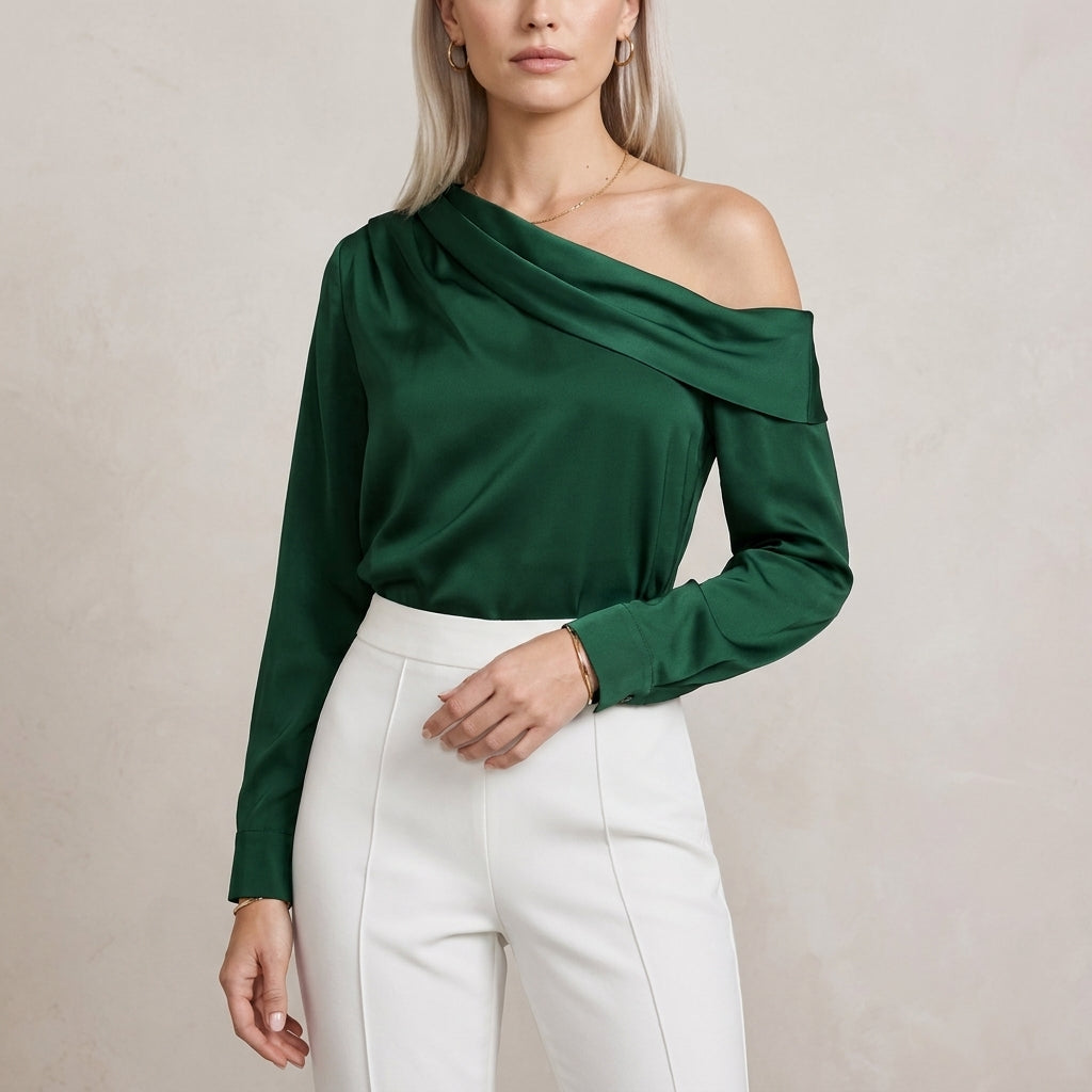 Elegant Off-Shoulder Blouse with Draped Asymmetrical Neckline