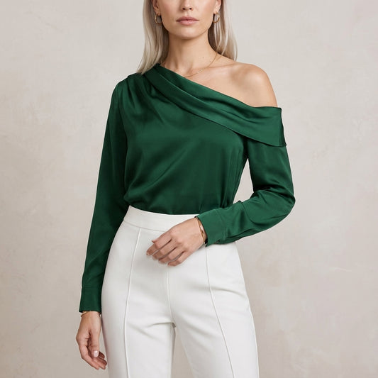 Elegant Off-Shoulder Blouse with Draped Asymmetrical Neckline