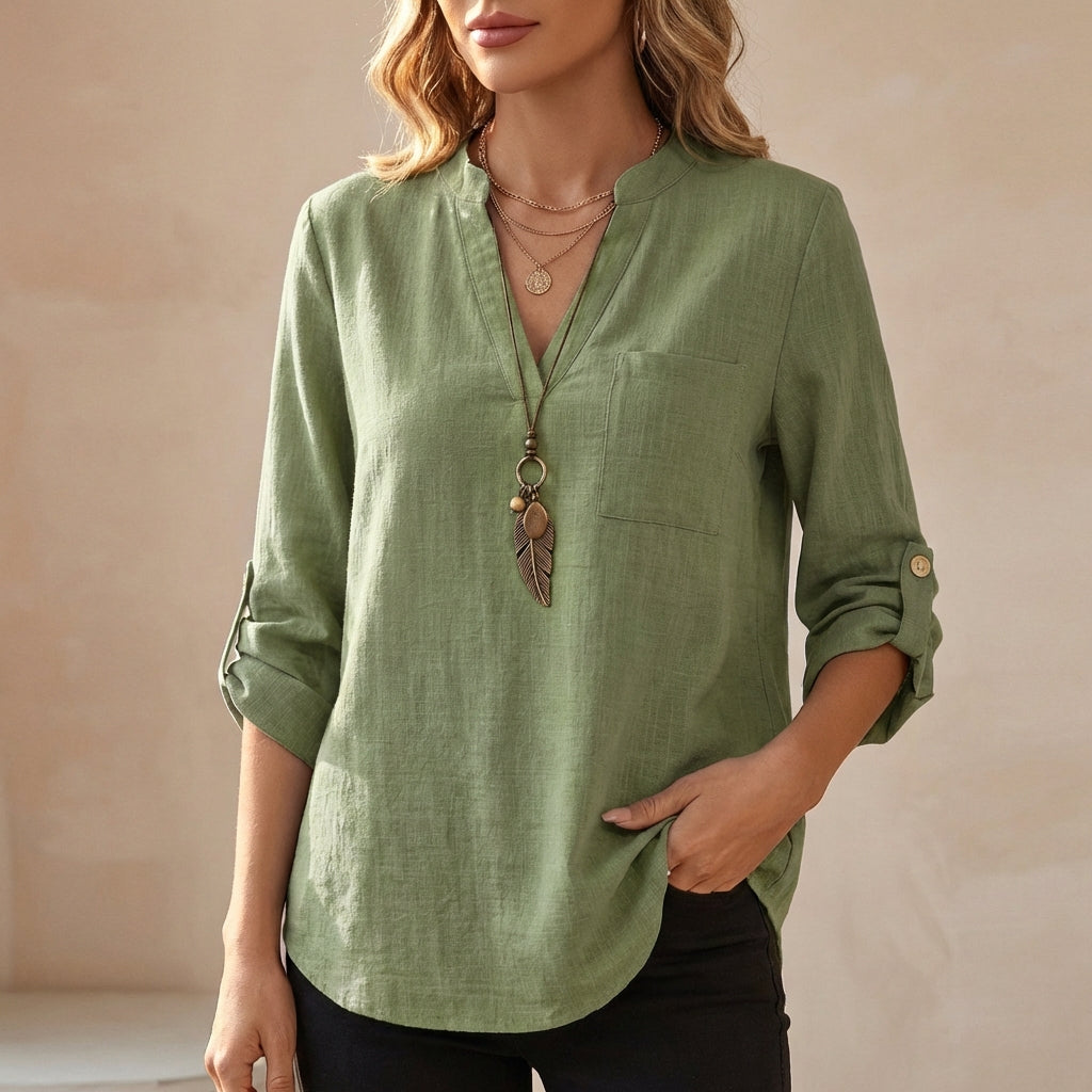 Relaxed V-Neck Cotton Linen Tunic Blouse with Roll-Up Sleeves